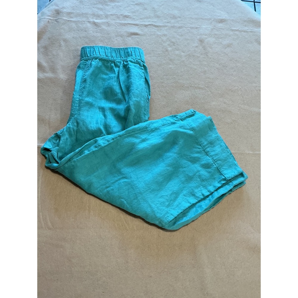 Tahari Linen Pants Womens L Teal Excellent Wide Leg Crop Relaxed Boho